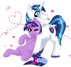 Size: 1842x1748 | Tagged: safe, artist:ali-selle, character:shining armor, character:twilight sparkle, character:twilight sparkle (unicorn), species:pony, species:unicorn, bbbff, blushing, brother and sister, chest fluff, cute, female, heart, male, mare, one eye closed, shining adorable, sibling love, siblings, simple background, sparkle siblings, stallion, tongue out, twiabetes, white background, wink