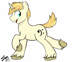 Size: 3874x3354 | Tagged: safe, artist:siggyderp, oc, oc only, species:pony, species:unicorn, birthday gift, male, open mouth, side view, signature, simple background, solo, stallion, unshorn fetlocks, walking, white background