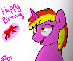 Size: 3071x2559 | Tagged: safe, artist:siggyderp, oc, oc only, species:pony, species:unicorn, bedroom eyes, birthday gift, bow, bust, comb, dialogue, female, glowing horn, happy birthday, horn, levitation, lineart, magic, magic aura, mare, signature, simple background, sketch, smiling, solo, telekinesis, white background