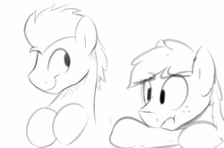 Size: 3333x2205 | Tagged: safe, artist:siggyderp, character:braeburn, character:soarin', species:earth pony, species:pegasus, species:pony, black and white, freckles, frown, grayscale, lineart, male, monochrome, simple background, sketch, smiling, stallion, white background