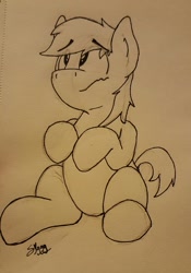 Size: 894x1280 | Tagged: safe, artist:siggyderp, species:earth pony, species:pony, frown, lineart, male, monochrome, signature, sitting, sketch, solo, stallion, traditional art
