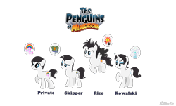 Size: 1961x1181 | Tagged: safe, artist:rainbow15s, species:earth pony, species:pegasus, species:pony, species:unicorn, crossover, kowalski, madagascar, ponified, private, rico, skipper, the penguins of madagascar