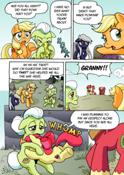 Size: 1201x1700 | Tagged: safe, artist:tarkron, character:apple bloom, character:applejack, character:big mcintosh, character:granny smith, oc, oc:tara, species:earth pony, species:pony, comic:ghosts of the past, apple family, apple siblings, candle, comic, crying, dialogue, female, filly, floppy ears, gravestone, graveyard, handkerchief, male, mare, nose blowing, onomatopoeia, stallion