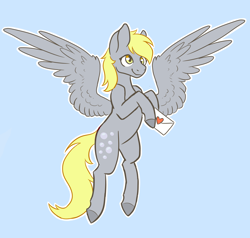 Size: 1444x1372 | Tagged: safe, artist:flaming-trash-can, character:derpy hooves, species:pegasus, species:pony, blue background, ditzy doo, female, flying, love letter, mare, outline, simple background, smiling, solo, wings