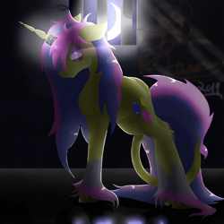 Size: 5800x5800 | Tagged: safe, artist:florarena-kitasatina/dragonborne fox, oc, oc only, oc:glittering gem, species:pony, absurd resolution, dat mane tho, dat tail tho, floppy ears, leonine tail, looking at you, magic suppression, messy mane, moon, prison, prison bars, runes, shading, signed, staring into your soul, the fourth wall cannot save you, unshorn fetlocks, watermark