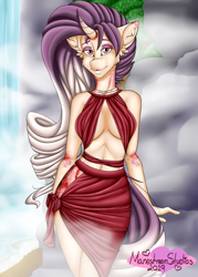 Size: 2500x3500 | Tagged: safe, artist:manestreamstudios, oc, oc:sumac spirit, species:anthro, species:pony, species:unicorn, breasts, clothing, detailed background, dress, female, fluffy, hips, horn, horse, mist, rock, smiling, solo, waterfall, ych result