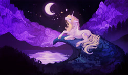 Size: 5976x3528 | Tagged: safe, artist:sitaart, oc, oc only, oc:blue haze, species:pony, species:unicorn, bard, blonde, blonde hair, blonde mane, blue eyes, cloud, complex background, dungeons and dragons, fantasy class, female, grass, horn, mare, moon, mountain, mountain range, night, pathfinder, pen and paper rpg, ponyfinder, rpg, scenery, singing, stars, tabletop gaming, water