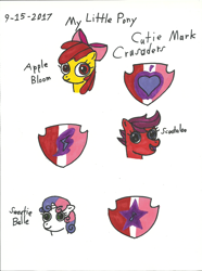 Size: 1696x2284 | Tagged: safe, artist:worldofcaitlyn, character:apple bloom, character:scootaloo, character:sweetie belle, species:earth pony, species:pegasus, species:pony, species:unicorn, cutie mark, cutie mark crusaders, female, filly, marker drawing, sharpie, the cmc's cutie marks, traditional art