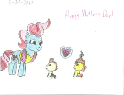 Size: 2208x1696 | Tagged: safe, artist:worldofcaitlyn, character:cup cake, character:pound cake, character:pumpkin cake, species:pony, cake twins, card, mother's day, siblings, traditional art, twins