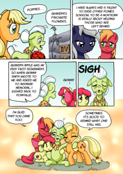 Size: 1201x1700 | Tagged: safe, artist:tarkron, character:apple bloom, character:applejack, character:big mcintosh, character:granny smith, oc, oc:tara, species:earth pony, species:pony, comic:ghosts of the past, apple family, apple siblings, bouquet, comic, dialogue, female, filly, flower, gravestone, group hug, hug, male, mare, mortician, poppy, stallion