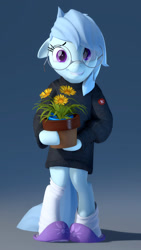Size: 1440x2560 | Tagged: safe, artist:rexyseven, oc, oc only, oc:whispy slippers, species:earth pony, species:pony, 3d, bipedal, clothing, cute, female, floppy ears, flower, flower pot, glasses, gradient background, grin, holding, looking at you, mare, nervous, nervous grin, potted plant, smiling, socks, solo, sweater