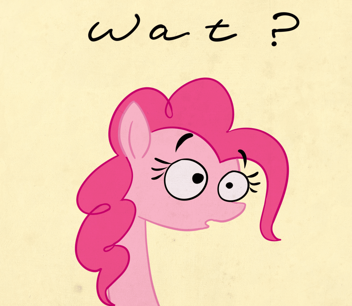 Size: 1366x1188 | Tagged: safe, artist:littmosa, character:pinkie pie, species:earth pony, species:pony, animated, bust, female, portrait, reaction image, simple background, wat, yellow background