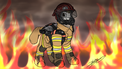 Size: 5760x3300 | Tagged: safe, artist:xeirla, oc, oc:rough seas, species:earth pony, species:pony, boots, fire, firefighter, firefighter helmet, helmet, mask, shoes, smoke