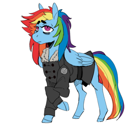 Size: 1680x1680 | Tagged: safe, artist:scarfyace, oc, oc:morning glory (project horizons), species:pegasus, species:pony, fallout equestria, fallout equestria: project horizons, clothing, coat, fanfic, fanfic art, female, hooves, mare, not rainbow dash, raised hoof, simple background, solo, transformation, white background, wings