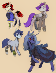 Size: 2105x2731 | Tagged: safe, artist:scarfyace, oc, oc:blackjack, oc:lacunae, oc:morning glory (project horizons), oc:p-21, species:alicorn, species:earth pony, species:pegasus, species:pony, species:unicorn, fallout equestria, fallout equestria: project horizons, alicorn oc, armor, artificial alicorn, bandage, blue alicorn (fo:e), clothing, dashite, dress, fanfic, fanfic art, female, hooves, horn, jacket, male, mare, pipbuck, purple alicorn (fo:e), quartet, raised hoof, security armor, simple background, stallion, tan background, vault security armor, vault suit, wings