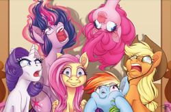 Size: 4542x2973 | Tagged: safe, artist:prismspark, character:applejack, character:fluttershy, character:pinkie pie, character:rainbow dash, character:rarity, character:twilight sparkle, character:twilight sparkle (alicorn), species:alicorn, species:earth pony, species:pegasus, species:pony, species:unicorn, cheek squish, duckface, ear fluff, faec, female, funny face, funny faces, mane six, mare, squishy cheeks, upside down