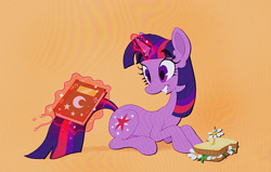 Size: 2168x1376 | Tagged: safe, artist:littmosa, character:twilight sparkle, character:twilight sparkle (unicorn), species:pony, species:unicorn, book, daffodil and daisy sandwich, female, flower, food, herbivore, lying down, magic, mare, orange background, prone, sandwich, simple background, smiling, solo, telekinesis