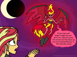 Size: 1032x774 | Tagged: safe, artist:melspyrose, character:sunset satan, character:sunset shimmer, g4, my little pony:equestria girls, demon, flying, looking down, looking up, moon, night, open mouth, sunset satan, wings