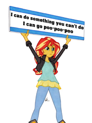 Size: 446x600 | Tagged: safe, artist:manly man, character:sunset shimmer, my little pony:equestria girls, exploitable meme, female, meme, poop, rhyme, sign, solo, sunset's board, toilet humor