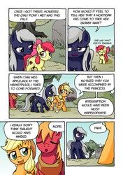 Size: 751x1064 | Tagged: safe, artist:tarkron, character:apple bloom, character:applejack, character:big mcintosh, oc, oc:tara, species:earth pony, species:pony, comic:ghosts of the past, apple siblings, comic, dialogue, female, filly, grammar error, graveyard, male, mare, stallion