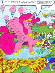 Size: 1648x2155 | Tagged: safe, artist:jamestkelley, official comic, character:derpy hooves, character:gummy, character:party favor, character:pinkie pie, species:alicorn, species:pony, spoiler:comic, spoiler:comic57, alicornified, board game, bubblegum, cake, chaos, cherry, clothing, cloud, cotton candy, cowering, crown, female, flying, food, gum, hat, house, ice cream, jewelry, male, party hat, peppermint, pinkiecorn, ponyville, princess of chaos, princess pinkie pie, race swap, reality warp, regalia, rubber chicken, running, sundae, surfing, tree, whipped cream, xk-class end-of-the-world scenario