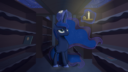 Size: 2560x1440 | Tagged: safe, artist:regolithx, character:princess luna, candle, female, library, magic, solo