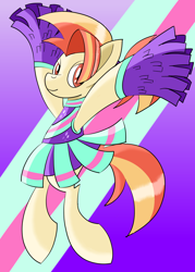 Size: 1500x2100 | Tagged: safe, artist:notadeliciouspotato, character:shimmy shake, species:earth pony, species:pony, episode:2-4-6 greaaat, bipedal, cheerleader, cheerleader outfit, clothing, cute, female, mare, pleated skirt, pom pom, ponytail, skirt, skirt lift, smiling, solo
