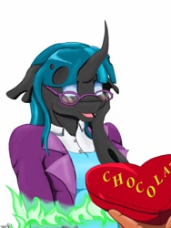 Size: 768x1024 | Tagged: safe, artist:mixdaponies, character:juniper montage, species:anthro, species:changeling, blushing, changelingified, chocolate, disguise, disguised changeling, food, glasses, species swap, transformation