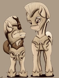 Size: 768x1024 | Tagged: safe, artist:mixdaponies, character:autumn blaze, character:granny smith, species:earth pony, species:kirin, species:pony, armor, female, grayscale, monochrome, quadrupedal, royal guard armor, sepia, smiling, young granny smith, younger