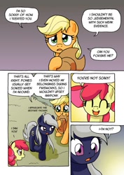 Size: 753x1062 | Tagged: safe, artist:tarkron, character:apple bloom, character:applejack, oc, oc:tara, species:earth pony, species:pony, comic:ghosts of the past, applejack's hat, clothing, comic, cowboy hat, dialogue, female, filly, hat, mare