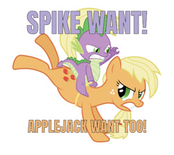 Size: 750x669 | Tagged: safe, artist:sulyo, edit, editor:undeadponysoldier, character:applejack, character:spike, species:earth pony, species:pony, ship:applespike, aggressive, angry, female, hatless, male, meme, missing accessory, riding, rodeo, shipping, simple background, spike want, straight, text, white background