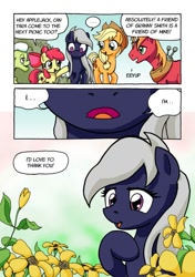 Size: 751x1064 | Tagged: safe, artist:tarkron, character:apple bloom, character:applejack, character:big mcintosh, character:granny smith, oc, oc:tara, species:earth pony, species:pony, comic:ghosts of the past, ..., apple family, comic, dialogue, female, filly, flower, male, mare, smiling, stallion, when she smiles