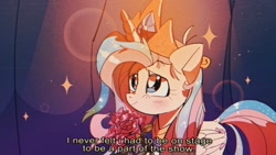 Size: 1280x720 | Tagged: safe, artist:poneko-chan, character:fluttershy, species:pegasus, species:pony, episode:horse play, g4, my little pony: friendship is magic, bouquet, celestia costume, clothing, cosplay, costume, dialogue, female, flower, mare, rose, scene interpretation, shylestia