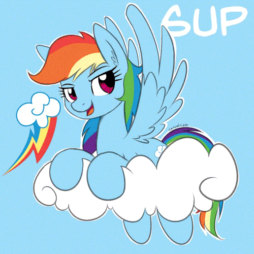 Size: 500x500 | Tagged: safe, artist:casualcolt, character:rainbow dash, species:pegasus, species:pony, animated, blinking, blue background, cloud, ear fluff, female, gif, mare, on a cloud, one word, simple background, solo, sup