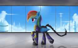 Size: 1300x800 | Tagged: safe, artist:emeraldgalaxy, character:rainbow dash, species:pegasus, species:pony, fallout equestria, armor, cloudsdale, enclave armor, fanfic, fanfic art, female, hooves, mare, ministry mares, power armor, scorpion tail, solo, wings