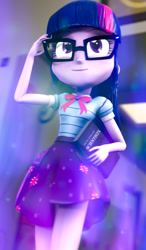 Size: 605x1035 | Tagged: safe, artist:kyloren2000, character:twilight sparkle, character:twilight sparkle (scitwi), species:eqg human, g4, my little pony: equestria girls, my little pony:equestria girls, 3d, book, bow tie, clothing, effects, female, geode of telekinesis, glasses, magical geodes, ponytail, skirt, solo, source filmmaker