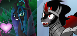 Size: 2100x1000 | Tagged: safe, artist:lifesharbinger, edit, edited screencap, screencap, character:king sombra, character:queen chrysalis, species:changeling, species:pony, ship:chrysombra, episode:the beginning of the end, g4, my little pony: friendship is magic, armor, cape, changeling queen, clothing, crown, cute, female, heart, jewelry, male, mare, open mouth, regalia, shipping, sombradorable, straight