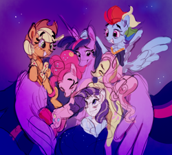 Size: 1578x1428 | Tagged: safe, artist:littmosa, character:applejack, character:fluttershy, character:pinkie pie, character:rainbow dash, character:rarity, character:twilight sparkle, character:twilight sparkle (alicorn), species:alicorn, species:earth pony, species:pegasus, species:pony, species:unicorn, episode:the last problem, g4, my little pony: friendship is magic, alternate hairstyle, clothing, colored sketch, grey hair, group hug, hat, hug, mane six, mantle, night, princess twilight 2.0, sketch, smiling, spoiler, stars, winghug