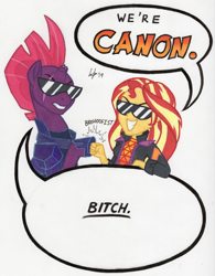 Size: 780x1000 | Tagged: source needed, safe, artist:manly man, character:fizzlepop berrytwist, character:sunset shimmer, character:tempest shadow, species:human, species:pony, species:unicorn, /mlp/, episode:the ending of the end, g4, my little pony: equestria girls, my little pony: friendship is magic, my little pony:equestria girls, spoiler:eqg series (season 2), 4chan, armor, bait, bitch, brofist, broken horn, canon, clenched fist, clothing, comments, dialogue, drama, drama alert, drama bait, eye scar, fandom, female, fist bump, grin, happy, hoofbump, horn, horseshoes, jacket, leather jacket, mare, name, op is right, scar, shirt, shit eating grin, signature, simple background, smiling, smirk, speech bubble, sunglasses, t-shirt, talking, talking to viewer, teeth, text, this is for emphasis bitch, traditional art, uniform, vulgar, wall of tags