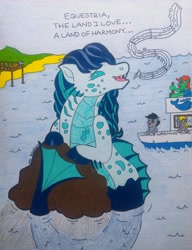 Size: 2872x3746 | Tagged: safe, artist:jamestkelley, character:coloratura, species:earth pony, species:pegasus, species:pony, species:siren, species:unicorn, amazed, beach, boardwalk, boat, equestria the land i love, fangs, female, fish tail, gem, happy, harbor, implied transformation, male, mare, ocean, open mouth, scales, singing, siren gem, sirenified, sirens doing siren things, species swap, stallion, story in the source, story included, swimming, traditional art