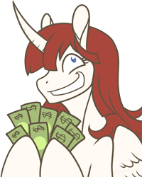Size: 800x1000 | Tagged: safe, artist:rozga, oc, oc only, oc:fausticorn, species:alicorn, species:pony, female, lauren faust, mare, money, solo