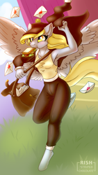 Size: 1080x1920 | Tagged: safe, artist:striped-chocolate, rcf community, character:derpy hooves, species:anthro, species:pegasus, species:pony, species:unguligrade anthro, armpits, clothing, female, food, mail, mailbag, mailmare, sandwich, solo