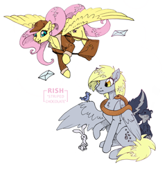 Size: 1040x1080 | Tagged: safe, artist:striped-chocolate, rcf community, character:derpy hooves, character:fluttershy, species:bird, species:pegasus, species:pony, species:rabbit, animal, duo, female, flying, mailbag, mailmare, mare, role reversal, simple background, sitting, swap, white background