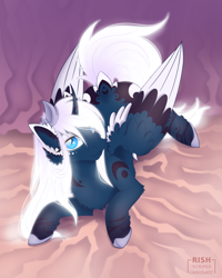 Size: 1600x2000 | Tagged: safe, artist:striped-chocolate, rcf community, character:princess luna, species:alicorn, species:pony, :3, alternate design, cheek fluff, chest fluff, cute, ear fluff, ethereal mane, female, jewelry, looking at you, lunabetes, lying on bed, mare, prone, regalia, solo, spread wings, wings