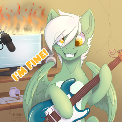 Size: 1200x1200 | Tagged: safe, artist:striped-chocolate, rcf community, oc, oc only, oc:energytone, species:pegasus, species:pony, burning, clothing, crazy face, derp, disaster, eye clipping through hair, faec, guitar, it's fine, male, microphone, musical instrument, solo, stallion