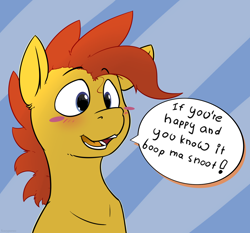 Size: 1544x1440 | Tagged: safe, artist:fuzzypones, oc, oc only, species:pony, blush sticker, blushing, boop request, boop the snoot, colored, cute, dialogue, male, ocbetes, open mouth, solo, speech bubble, text