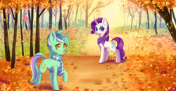 Size: 2304x1200 | Tagged: safe, artist:blazemizu, character:lyra heartstrings, character:rarity, species:pony, species:unicorn, autumn, clothing, colored pupils, duo, female, leaves, mare, scarf, tree