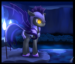 Size: 900x765 | Tagged: safe, artist:mister-markers, species:bat pony, species:pony, fire, moonlight, night, night guard, solo, torch