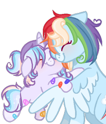 Size: 408x479 | Tagged: safe, artist:xxcutecookieswirlsxx, character:rainbow dash, oc, oc:moon eclipse, parent:rainbow dash, parent:twilight sparkle, parents:twidash, species:pegasus, species:pony, species:unicorn, alternate design, alternate universe, bandage, blushing, eyes closed, female, filly, hug, magical lesbian spawn, mare, mother and daughter, multicolored hair, offspring, rainbow hair, two toned wings, wings