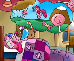 Size: 1650x1350 | Tagged: safe, artist:icebreak23, character:pinkie pie, balloon, bed, bedroom, blanket, clothing, dream, female, hat, sleeping, solo